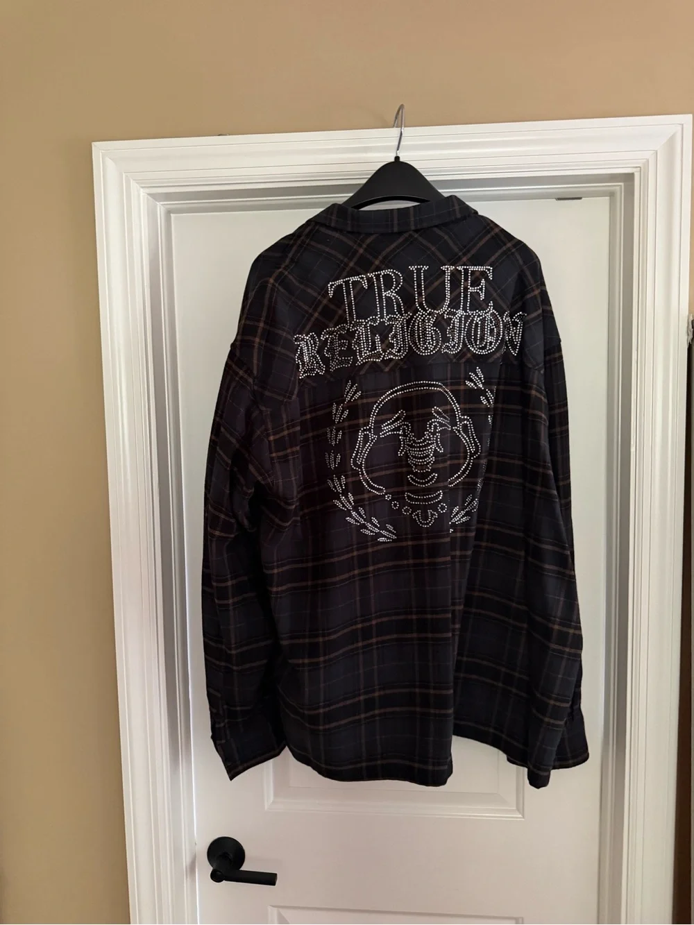 True Religion Black Plaid Lightweight Shirt with Brown Accents
